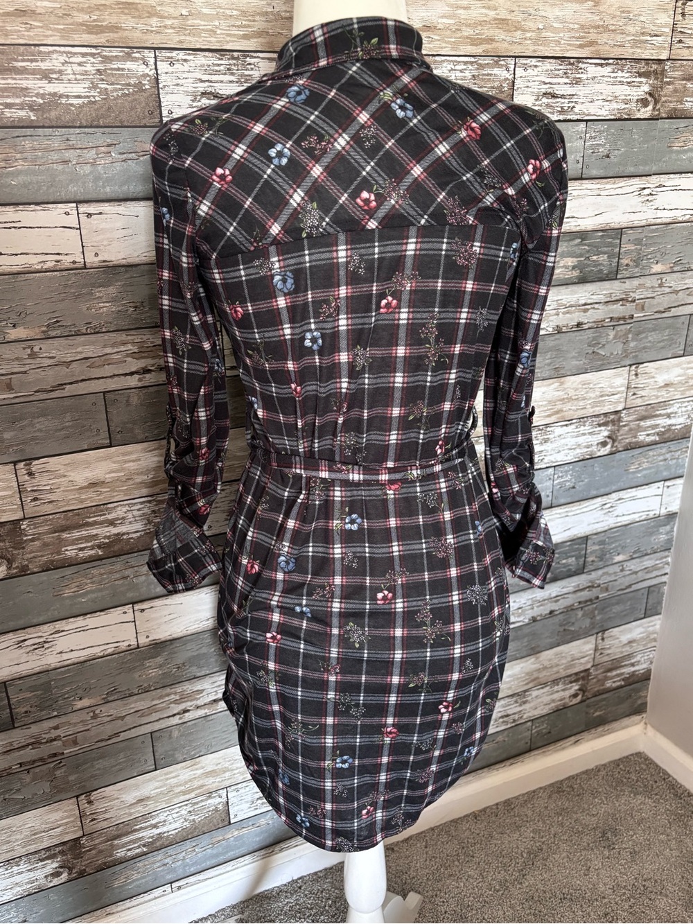 Passport Plaid Floral Dark Cottagecore Tie Waist Button Tunic Shirt/Dress Size S - Picture 3 of 11